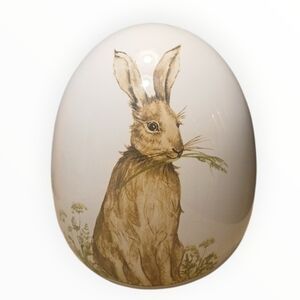 Pier 1 White Ceramic Egg with Rabbit Illustration